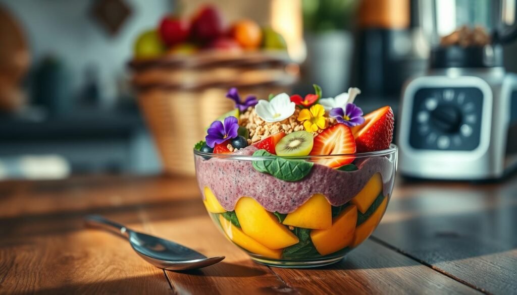 A beautifully arranged smoothie bowl sits elegantly on a rustic wooden table, showcasing vibrant layers of blended fruits like deep purple acai, bright yellow mango, and rich green spinach. The bowl is topped with a colorful assortment of fresh fruits, such as sliced strawberries, kiwi, and banana, sprinkled with granola and edible flowers for a pop of color. In the foreground, a spoon rests beside the bowl, hinting at the deliciousness within. Soft, natural sunlight streams in from a nearby window, casting gentle shadows and highlighting the textures of the ingredients. The background features blurred kitchen elements—such as a fruit basket and a blender—creating a warm and inviting atmosphere that inspires creativity in making quick, Instagram-worthy smoothie bowls.