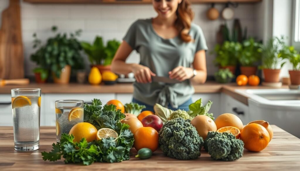 A bright and inviting kitchen scene focused on healthy digestion habits. In the foreground, a wooden table showcases an assortment of colorful fruits and vegetables, rich in fiber, like kale, broccoli, apples, and oranges. A glass of water infused with lemon slices stands nearby. In the middle, a person in modest casual clothing prepares a healthy meal, joyfully chopping vegetables, highlighting an active lifestyle. The background features an array of potted herbs, like basil and mint, enhancing the fresh atmosphere. Soft, natural light filters through a window, creating a warm and uplifting mood, ideal for promoting wellness and digestive health, captured from a slightly elevated angle for a dynamic perspective.