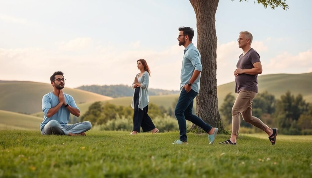 A serene outdoor scene illustrating effective grounding techniques for overthinking. In the foreground, a diverse group of three individuals, dressed in modest casual clothing, engage in mindfulness practices: one is sitting cross-legged on the grass, focusing on deep breathing; another stands nearby, placing their hands on a tree, grounding themselves; the third is walking slowly, observing their surroundings with a calm expression. In the middle ground, gentle rolling hills and lush greenery create a peaceful atmosphere. The background features a clear blue sky with soft clouds and warm sunlight filtering through, casting a soft glow on the scene. The overall mood is tranquil and reassuring, encouraging relaxation and mental clarity.