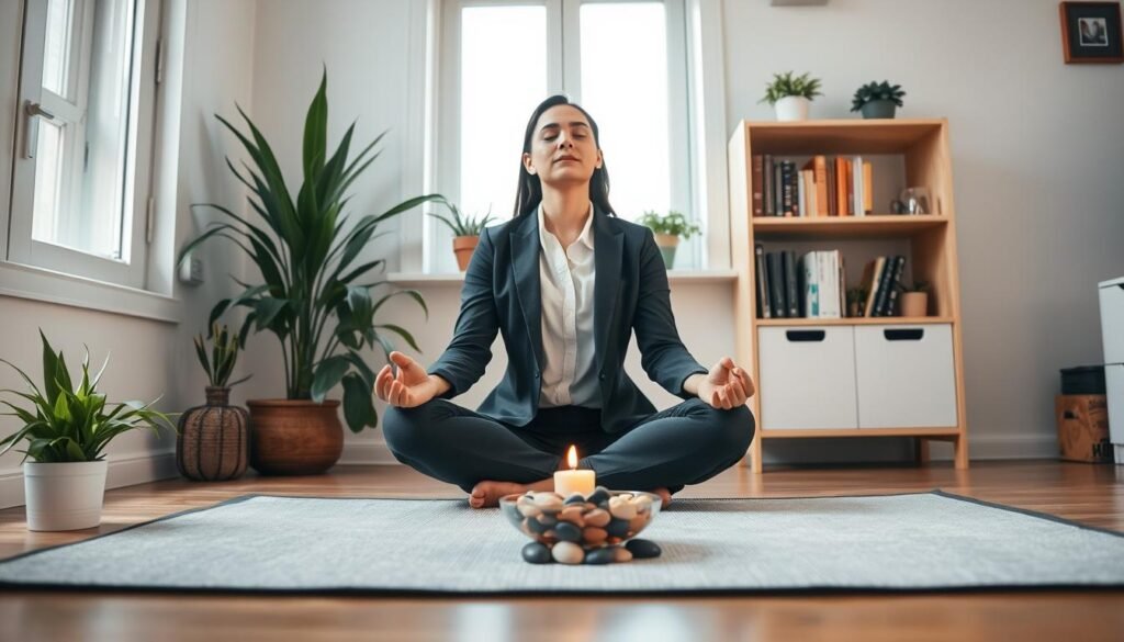 A serene workspace designed for grounding techniques, featuring a thoughtfully arranged desk with calming decor. In the foreground, a person in professional attire sits cross-legged on a yoga mat, eyes closed in meditation. They are surrounded by plants, a lit candle, and a small bowl of pebbles representing the grounding process. The middle area has a gentle light from a nearby window, creating soft shadows that enhance the calm atmosphere. In the background, a cozy shelf with books on mindfulness and stress relief adds to the tranquil setting. The mood is peaceful and focused, emphasizing the concept of grounding to alleviate overthinking. The angle captures both the subject and the surroundings, offering a holistic view of a grounding practice.