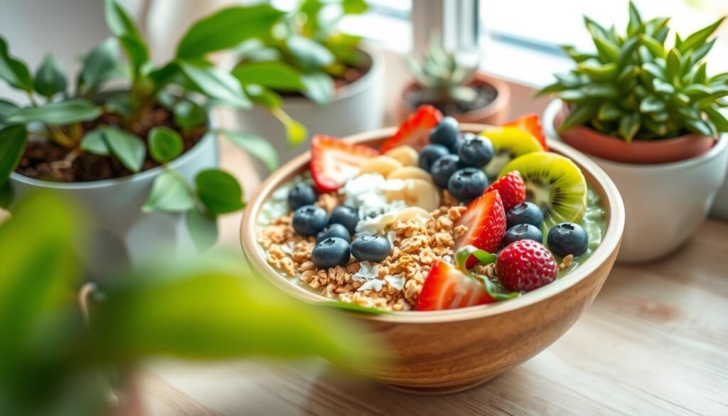 A vibrant and colorful smoothie bowl featuring a blend of green spinach, ripe bananas, juicy strawberries, and crunchy granola, beautifully arranged in a round, shallow wooden bowl. The bowl is topped with fresh blueberries, sliced kiwi, and light coconut flakes, creating an appetizing contrast. In the foreground, soft natural light enhances the vivid colors of the smoothie bowl, while greenery from nearby potted plants softly blurs in the background, adding an organic touch. A light wooden table provides a rustic base, giving a warm, inviting atmosphere. The scene exudes freshness and health, perfectly capturing the essence of an Instagram-worthy dish. The angle is slightly above the bowl, showcasing the beautiful toppings while creating a bright and airy mood.