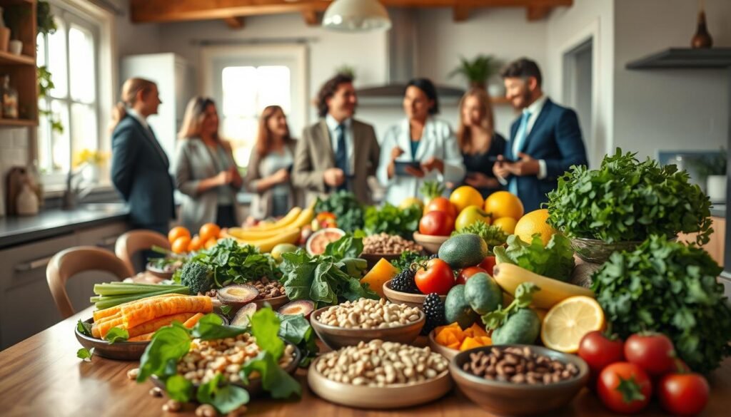 A vibrant, inviting kitchen scene featuring a beautifully arranged table of healthy foods beneficial for digestion. In the foreground, focus on a colorful spread of fresh fruits, leafy greens, whole grains, and nuts, neatly placed on a wooden table. In the middle background, a diverse group of individuals in professional attire enthusiastically discussing the dishes, emphasizing healthy eating habits. Soft natural light streams in from a window, casting a warm glow on the scene. Use a shallow depth of field to keep the focus on the foods while slightly blurring the background. The atmosphere is joyful and encouraging, reflecting a committed approach to digestive health through nutritious eating.